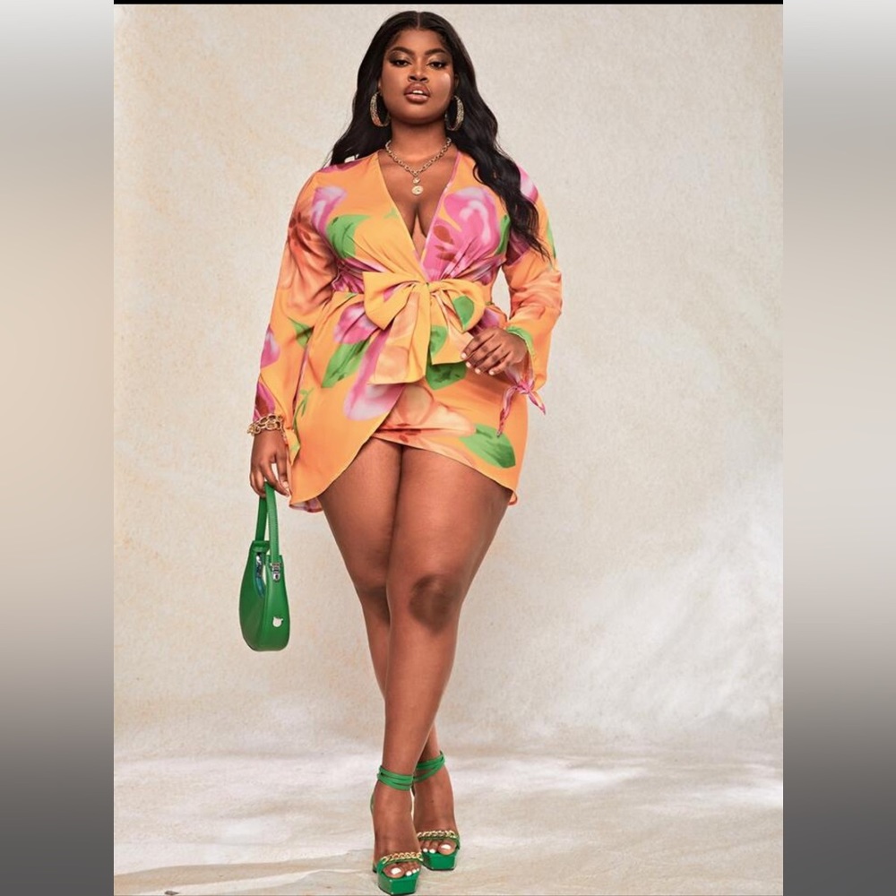 Multicolor floral wrap tie knot dress